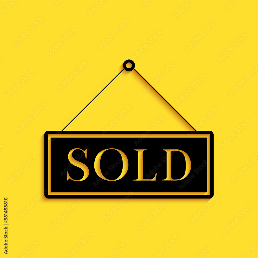 Black Sold icon isolated on yellow background. Sold sticker. Sold signboard. Long shadow style. Vector. Black Sold icon isolated on yellow background. Sold sticker. Sold signboard. Long shadow style. Vector.