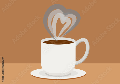 Taza de café blanco con vapor en forma de corazón.
