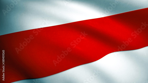 Belarus Red White Red Freedom Flag. Waving Fabric Texture Flag of Belarus. Pahonia Arms used by Belarusian democratic opposition in 2020. 3d rendering