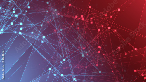 Abstract red blue polygon tech network with connect technology background. Abstract dots and lines texture background. 3d rendering. © Papapig