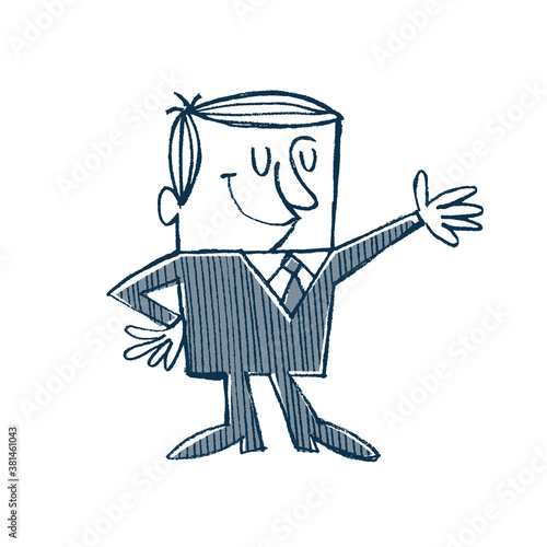 Vintage Style Clip Art - Happy business man raising his hand - Vector Illustration.