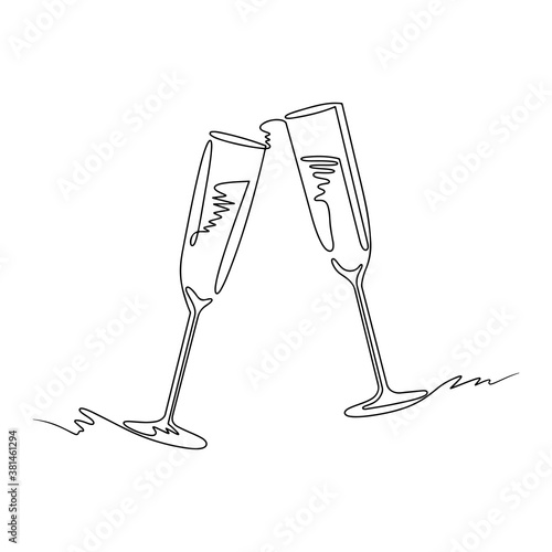 Two glasses of champagne, continuous line. Vector illustration, isolated on white background.