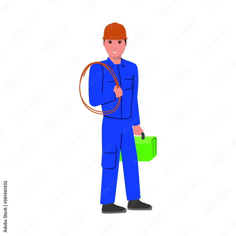 Electrician in Helmet and blue uniform stands holding wires and  Toolbox. Flat - style illustration.