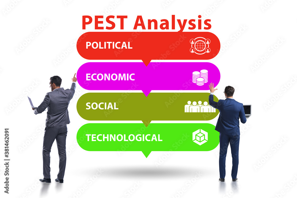 Business people in PEST analysis business concept Business people in PEST analysis business concept