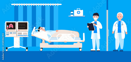 Reanimation equipment for unconscious patients. Intensive care unit clinic with air oxygen sensor for medical ventilation. Doctors treat patient with coronavirus vector.