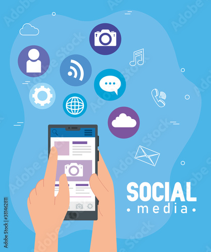 social media icons, and hands using smartphone vector illustration design