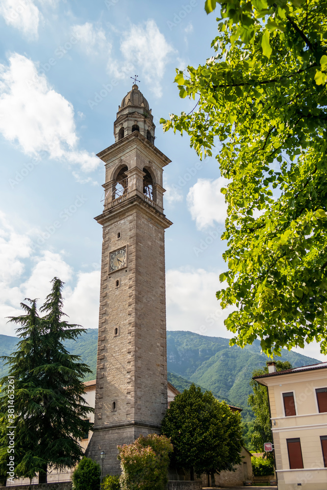 View of the bell tower of Valmareno, a hamlet of Follina, Veneto - Italy