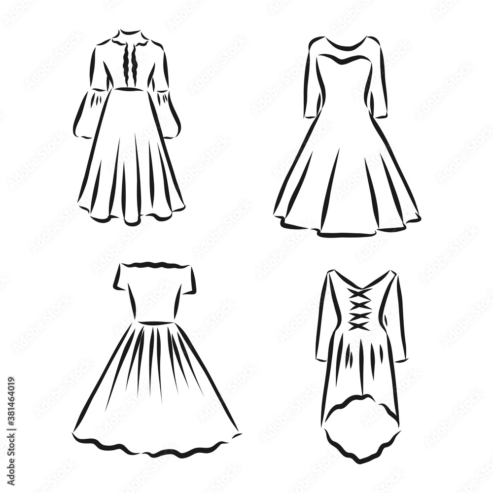 women's dresses. Hand drawn vector illustration. Black outline drawing isolated on white background women's dress, vector sketch illustration women's dresses. Hand drawn vector illustration. Black outline drawing isolated on white background women's dress, vector sketch illustration