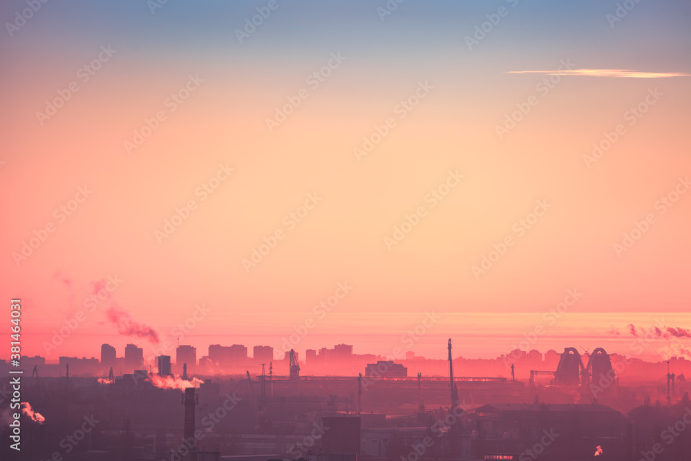 Cityscape silhouette Kyiv illustration: pink sunrise sky with lonely cloud. Haze over buildings, towers, houses at industry city landscape. Urban scenic in soft warm pattern. European town scenery