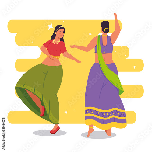 women indian with clothes traditional dancing vector illustration design