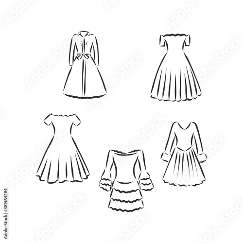 women s dresses. Hand drawn vector illustration. Black outline drawing isolated on white background women s dress  vector sketch illustration