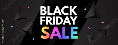 Black Friday Sale poster template. Super offer. 3D triangles and neon rainbow gradient effect