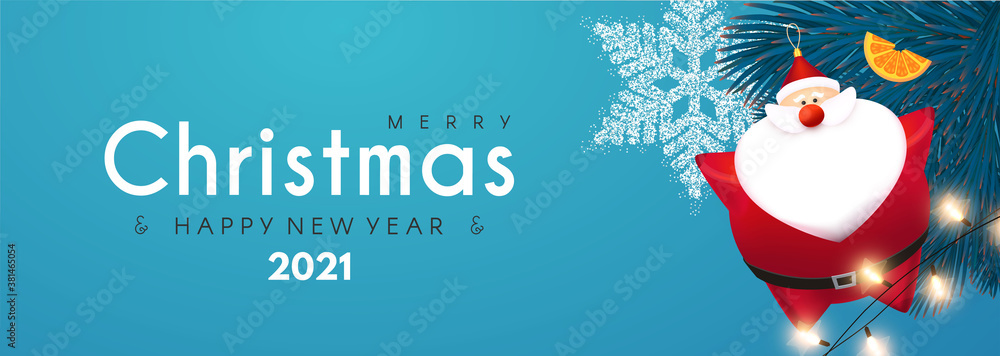 Merry Christmas and Happy New 2021 Year design template with 3D elements Santa Claus, gifts, snowflakes, fir tree and balls Merry Christmas and Happy New 2021 Year design template with 3D elements Santa Claus, gifts, snowflakes, fir tree and balls