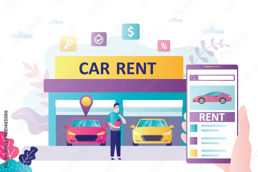 Fototapeta premium Car rental service. Garage building with modern autos. Handsome salesman or dealer at work.