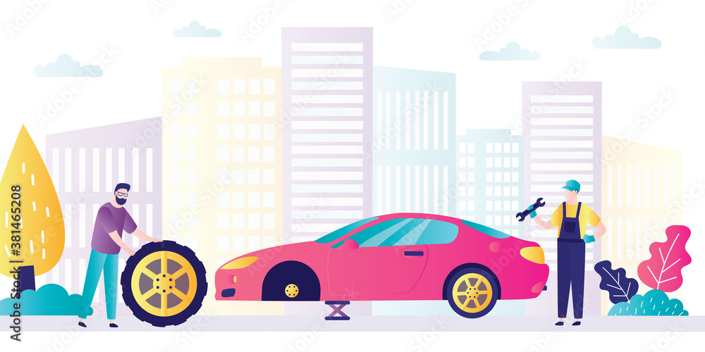 Repairman with wrench fixes car. Male character rolls wheel. Concept of auto service and car repair. Men changes wheel on automobile Repairman with wrench fixes car. Male character rolls wheel. Concept of auto service and car repair. Men changes wheel on automobile