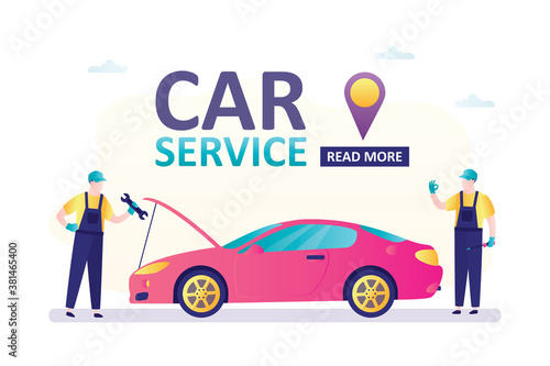 Car repair service. Modern auto and two servicemen with tools. Workers at work, troubleshooting and repair. Horizontal banner