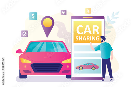 Smartphone with carsharing application. Handsome man client use mobile phone. Vehicle with location sign. Online rental or sharing service.