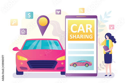 Smartphone with carsharing application. Woman agent or clerk and modern vehicle. Online rental or sharing service.