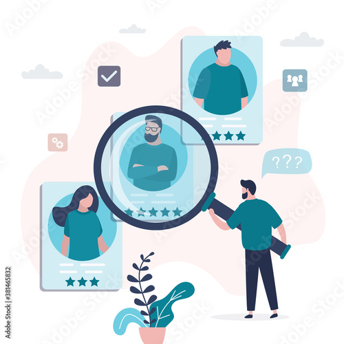 Various resumes of people candidates. CV of job seekers. Businessman use magnifying glass and chooses workers and hires.