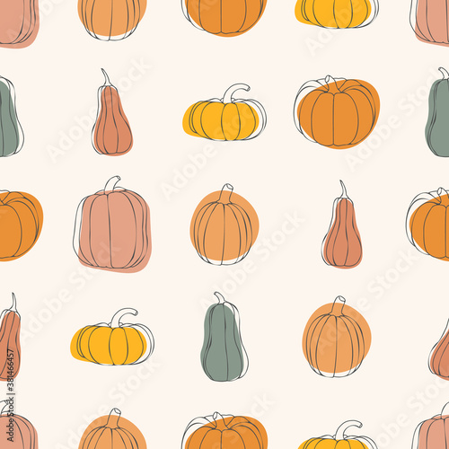 Pumpkin vector seamless pattern. Thanksgiving or halloween day concept. Stylized orange pumpkins in various sizes. Great for postcards, paper, textiles. Autumn concept and vegetable compositions.
