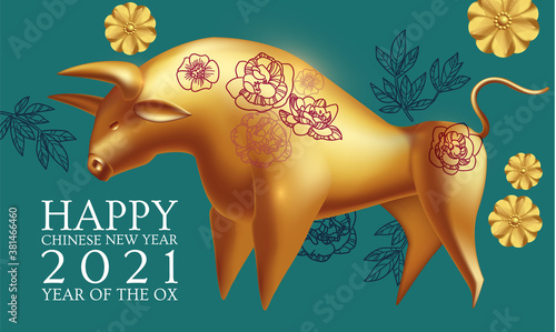 Happy Chinese new Year 2021 The year of the metal ox. Chinese traditional text means year of the ox . Holiday greetings with realistic 3D metal golden ox character