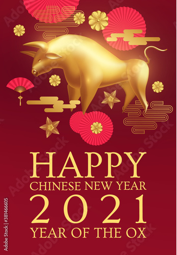 Happy Chinese new Year 2021 The year of the metal ox. Chinese traditional text means year of the ox . Holiday greetings with realistic 3D metal golden ox character