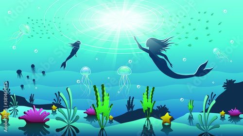 Abstract Blue Underwater Ocean Sea Nature Background Vector With Fish Mermaid Jellyfish And Seaweed Vector Design Style Landscape