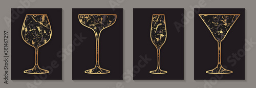 Modern abstract luxury card templates for wine or cocktails tasting invitation or bar and restaurant menu or banner or logo with golden glasses with marble texture on a black background.