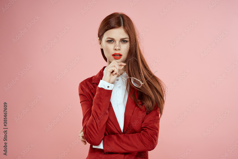 woman in red jacket with glasses red lips long hair pink background woman in red jacket with glasses red lips long hair pink background