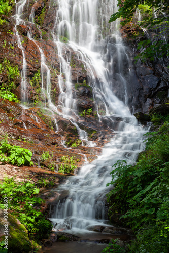 Close-up of powerful Pilj waterfall on Old mountain  Stara planina  in Serbia  cascading down the wet  red rocks and surrounded by vivid green trees