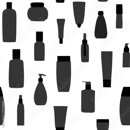 Pattern with empty and clean grey plastic containers  bottles with spray  cream jar  tube. Flat design background with cosmetic package. Hand drawn Illustration.