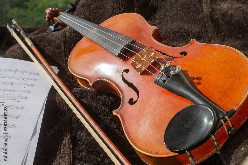 Violin and bow on a background of brown sheepskin and violin notes Violin and bow on a background of brown sheepskin and violin notes