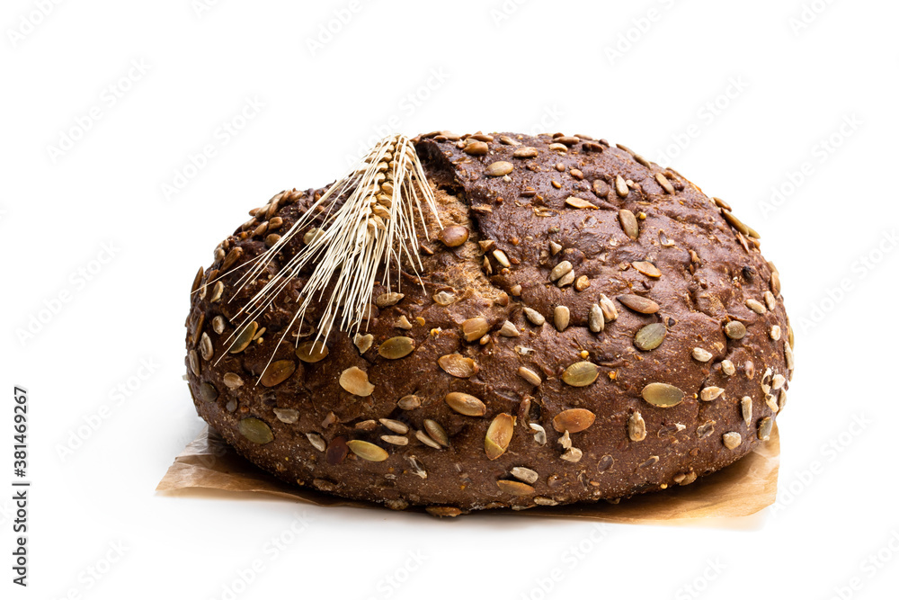 Wholemeal rye bread with sunflower and pumpkin seeds isolated on white Wholemeal rye bread with sunflower and pumpkin seeds isolated on white