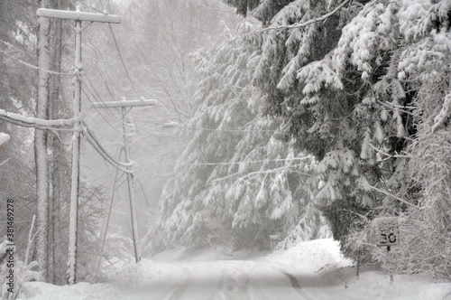 Blustery Winter Road Scene with Electrical Power Lines