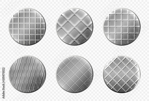 Nails heads top view, steel metal pins with checkered ornament, spikes hardware grey caps with grooves, new hobnails isolated on transparent background. Realistic 3d vector illustration, icons set