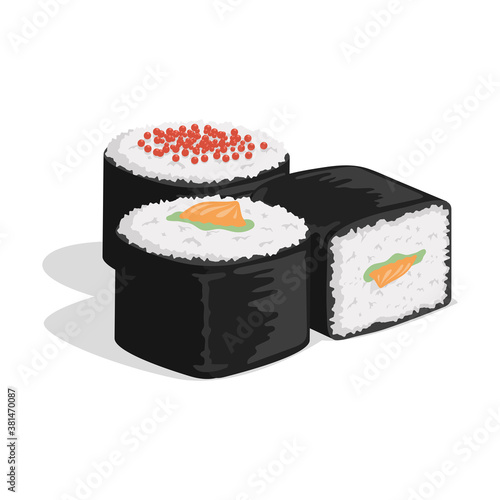 Sushi roll with nori, rice, salmon and caviar isolated on white background. Japanese cuisine, traditional food vector flat cartoon illustration. Tasty sushi roll for restaurant or cafe design.