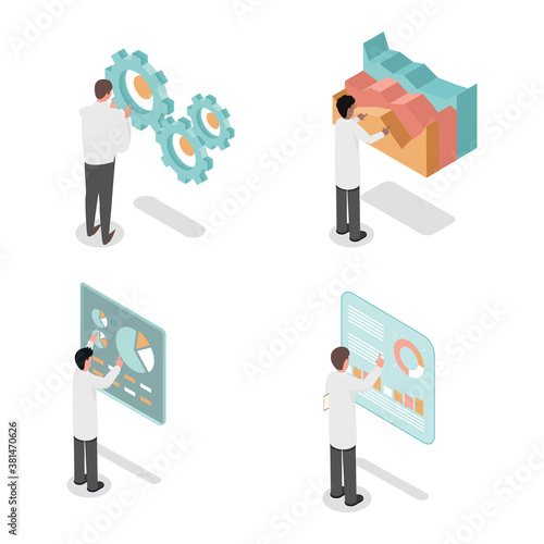 Young people developing, make inventions and analyzing data vector isometric 3d illustration isolated on white background. Scientists making diagrams and chart graphs and make discoveries.