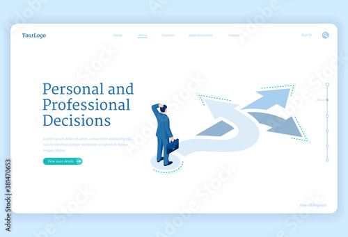 Professional decision, solution and choice isometric landing page. Business man stand on crossroads choose correct way for career opportunity, job or life path, solve problem 3d vector web banner