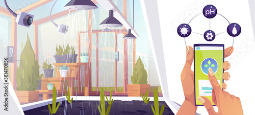 Smart farm, futuristic technology in farming industry. Female hand with smartphone control digital wireless devices in greenhouse for growing or watering plants, automation Cartoon vector illustration