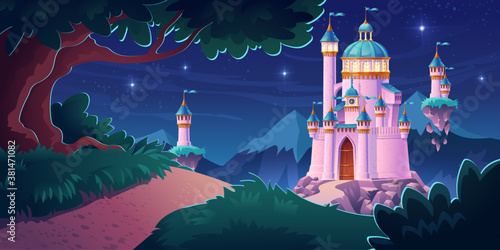 Pink magic castle, princess or fairy palace at night mountains with road lead to gates with flying turrets and glow stars in sky. Fantasy fortress, medieval architecture. Cartoon vector illustration