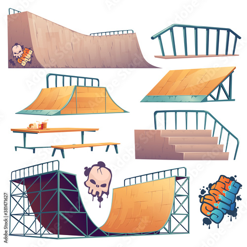 Skate park or rollerdrome constructions for skateboard jumping stunts, graffiti and furniture. Quarter and half pipe ramps with railings, speed bumps and picnic bench Cartoon vector illustration set