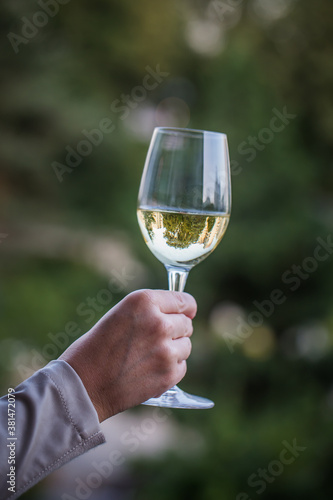 Glass of white wine on vintage wooden table