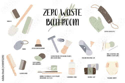 Zero waste bathroom, reusable products. Eco friendly lifestyle. Bamboo toothbrush and ear stick, menstrual cup, reusable diaper, loofah. Care for the environment. Vector flat cartoon illustration