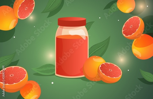 Grapefruit juice vector cartoon illustration. A bottle with grapefruit juice surrounded by fresh delicious grapefruits. Healthy vegan dieting banner concept. Fresh citrus juice poster design.