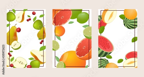 Set of three bright fruits vector cartoon frames. Lime and grapefruits, pears, cherries and apples, melons, and watermelons borders for restaurant or cafe menu design. Healthy eating concept.