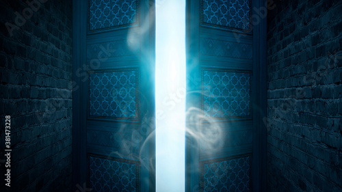 Open double doors, dark bri...
