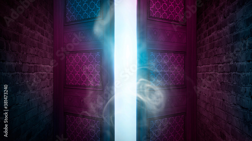 Open double doors, dark bri...