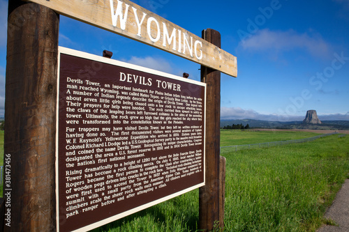 Welcome to Wyoming signage board explaining the history of the Devils Tower  Crook County, Wyoming. USA - June 2017. Devils Tower sign board 