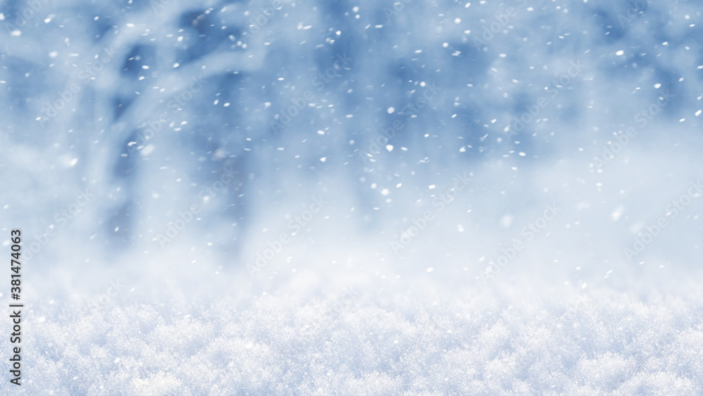 Abstract winter Christmas and New Year background with snowfall in the forest