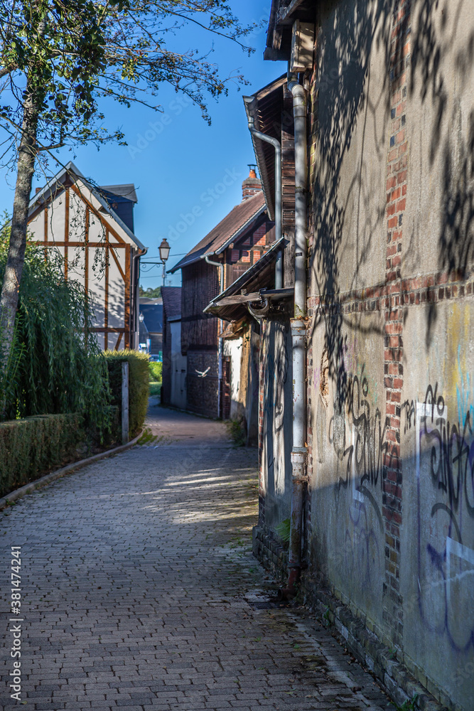 Fototapeta premium Alley with half timbeed medieval houses at the old town of Bernay, Eure, Normandy, France